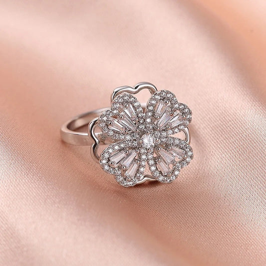 Elegant Flower-Shaped Diamond Ring | Sparkling Silver Jewelry for Women